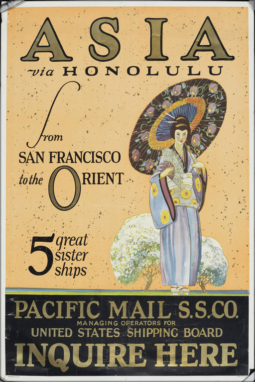 Poster, Many Sizes Available; Asia Via Honolulu From San Francisco To The Orient- 5 Great Sister Ships (Woman With An Umbrella) (Rbm-Coll302