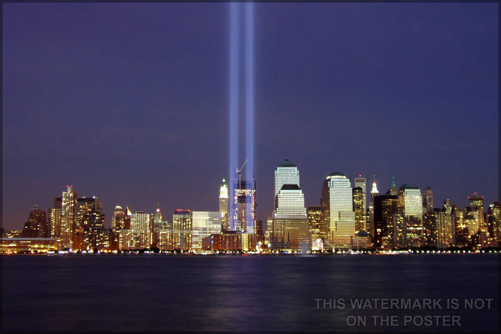 Poster, Many Sizes Available; World Trade Center Memorial Tribute In Light Viewed From Jersey City On The Anniversary Of The Attacks In 2004