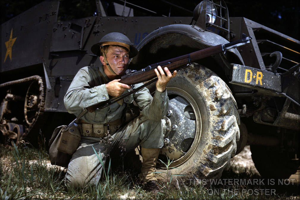 Poster, Many Sizes Available; Wwii Infantryman, M3 Half-Track, H M1 Garand Rifle. Fort Knox, Kentucky, June 1942