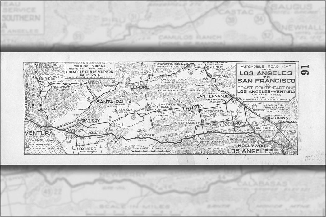 Poster, Many Sizes Available; Automobile Road From Los Angeles To San Francisco Via Coast Route. Part One- Los Angeles To Ventura, 1916 (Aaa