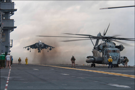 Poster, Many Sizes Available; Av-8 Harrier & Mh-53E Sea Dragon Helicopter Aboard Uss Nassau (Lha 4)