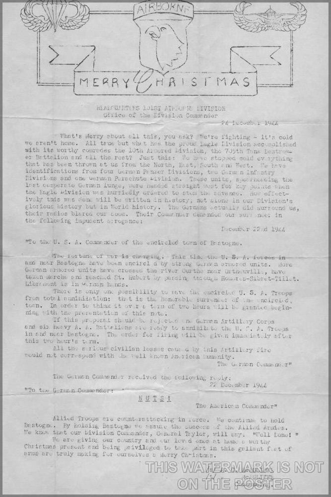 Poster, Many Sizes Available; 101St Airborne Letter From General Mcauliffe On Christmas Day To The 101St Airborne Troops Defending Bastogne
