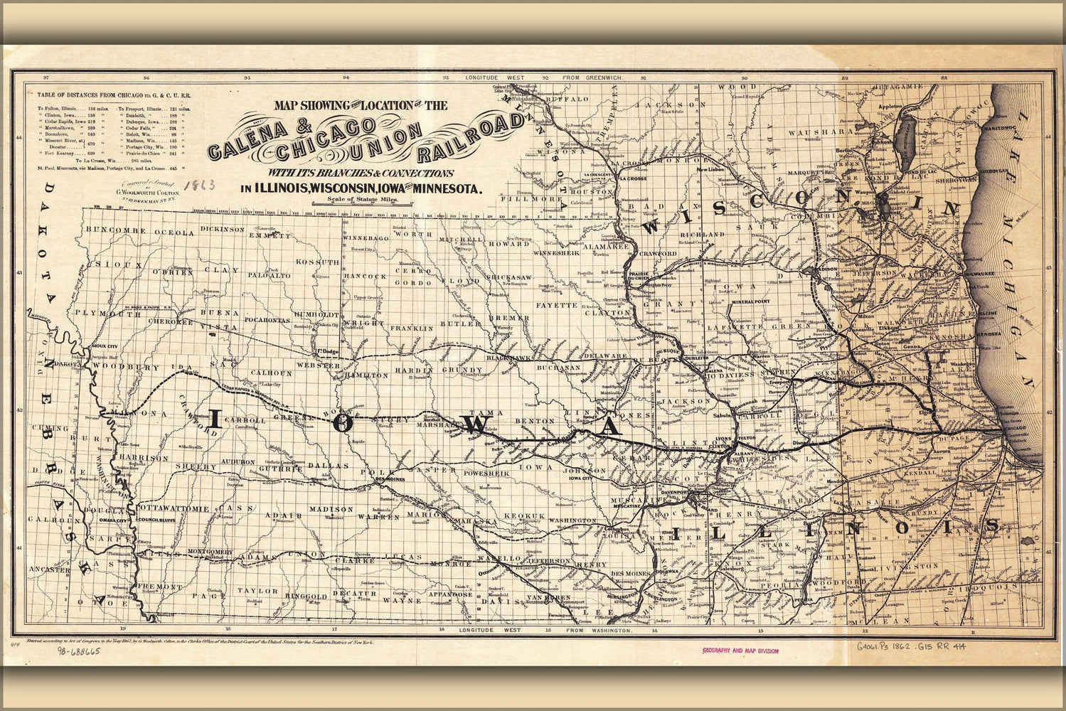 Poster, Many Sizes Available; 1862 Map Of The Galena And Chicago Union Railroad