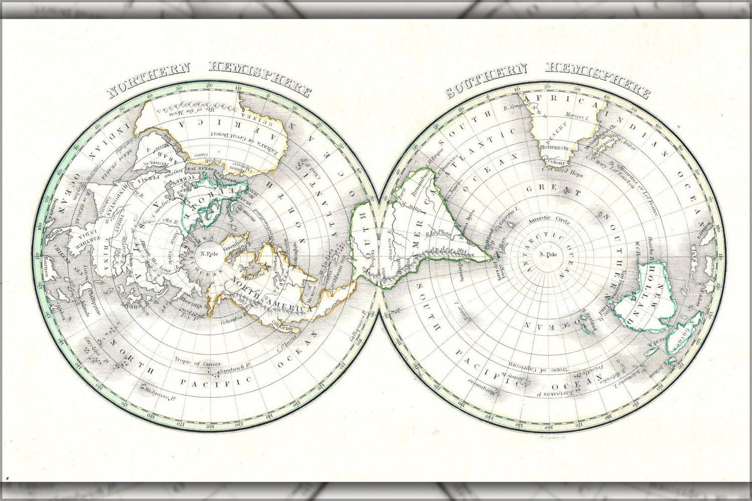 Poster, Many Sizes Available; 1838 Bradford Map Of The World On Polar Projection ( Northern And Southern Hemispheres )