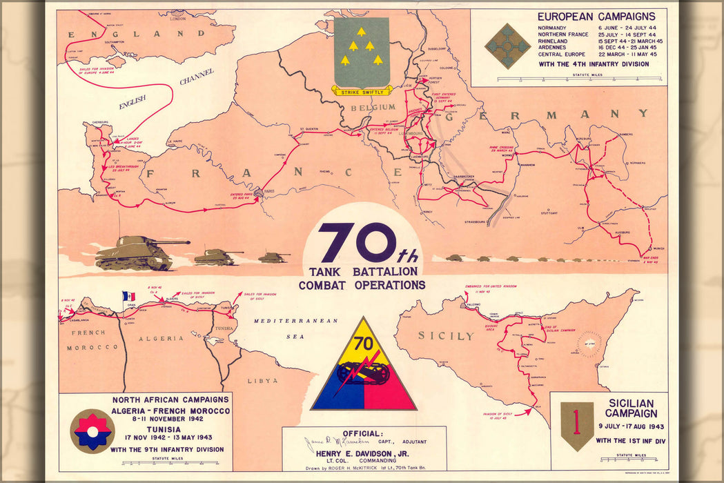 Poster, Many Sizes Available; 70Th Tank Battalion Combat Operations Campaign Map For North Africa Sicily And Europe 1942 1945