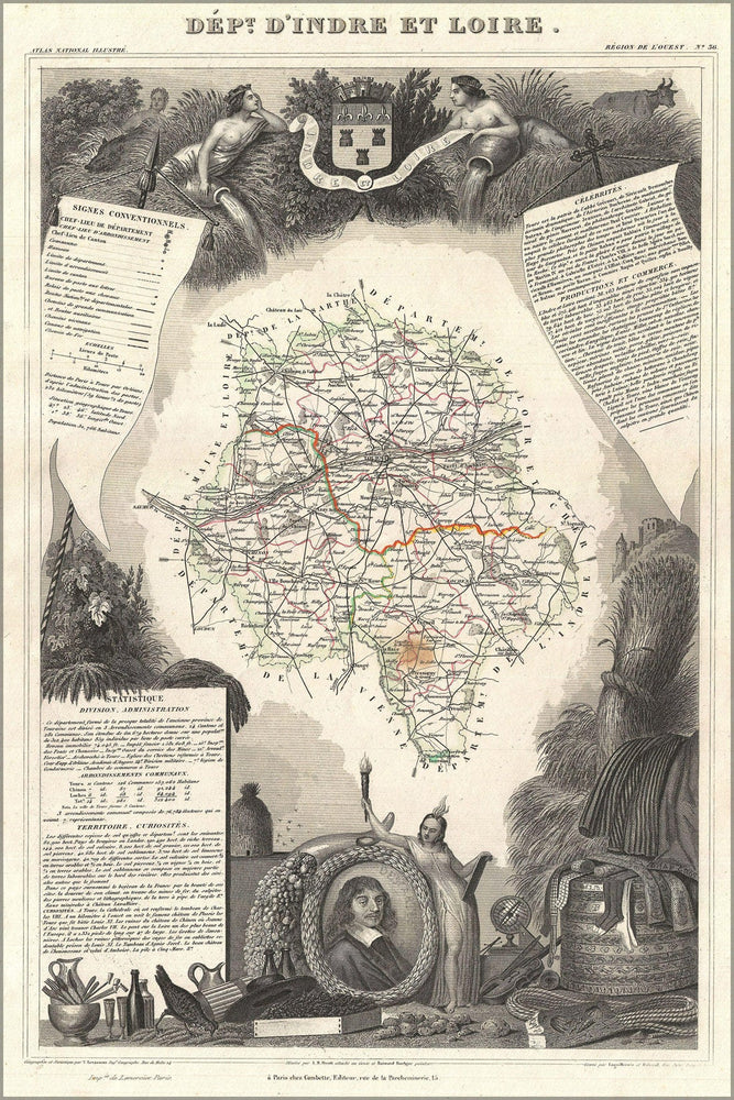 Poster, Many Sizes Available; 1852 Levasseur Map Of The Department D&#39;Indre Et Loire, France (Chenin Wine Region)