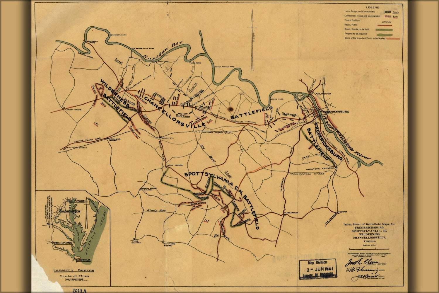 Poster, Many Sizes Available; Battle Field Map Fredericksburg Virginia 1862-64