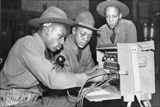 Poster, Many Sizes Available; 3 Men Working On A Portable Phone Switchboard