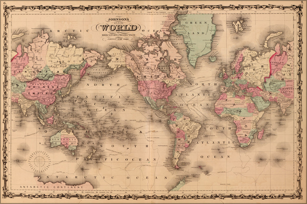 24"x36" Gallery Poster, johnsons world map 1862 P2