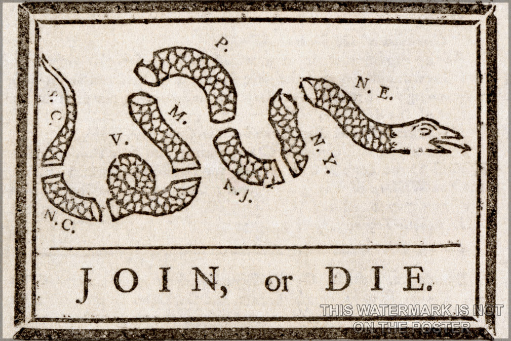 24"x36" Gallery Poster, join or die Benjamin Franklin - Join or Die