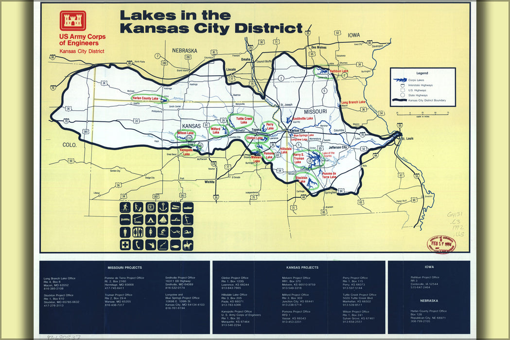 24"x36" Gallery Poster, lake map of Kansas City District missouri 1992