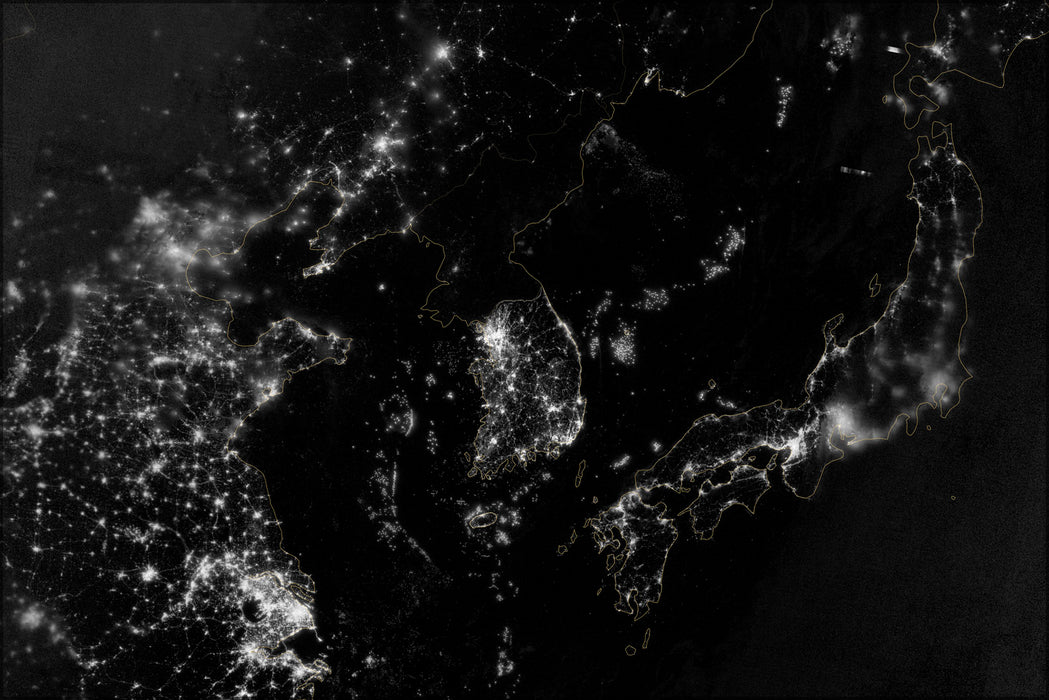 24"x36" Gallery Poster, light map of north and south Korea and the Yellow Sea at night