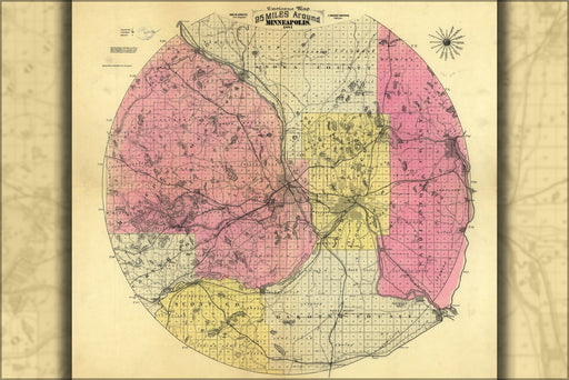 24"x36" Gallery Poster, map 25 miles around Minneapolis 1881