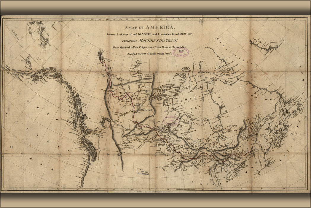24"x36" Gallery Poster, map Alexander Mackenzie route north america 1801