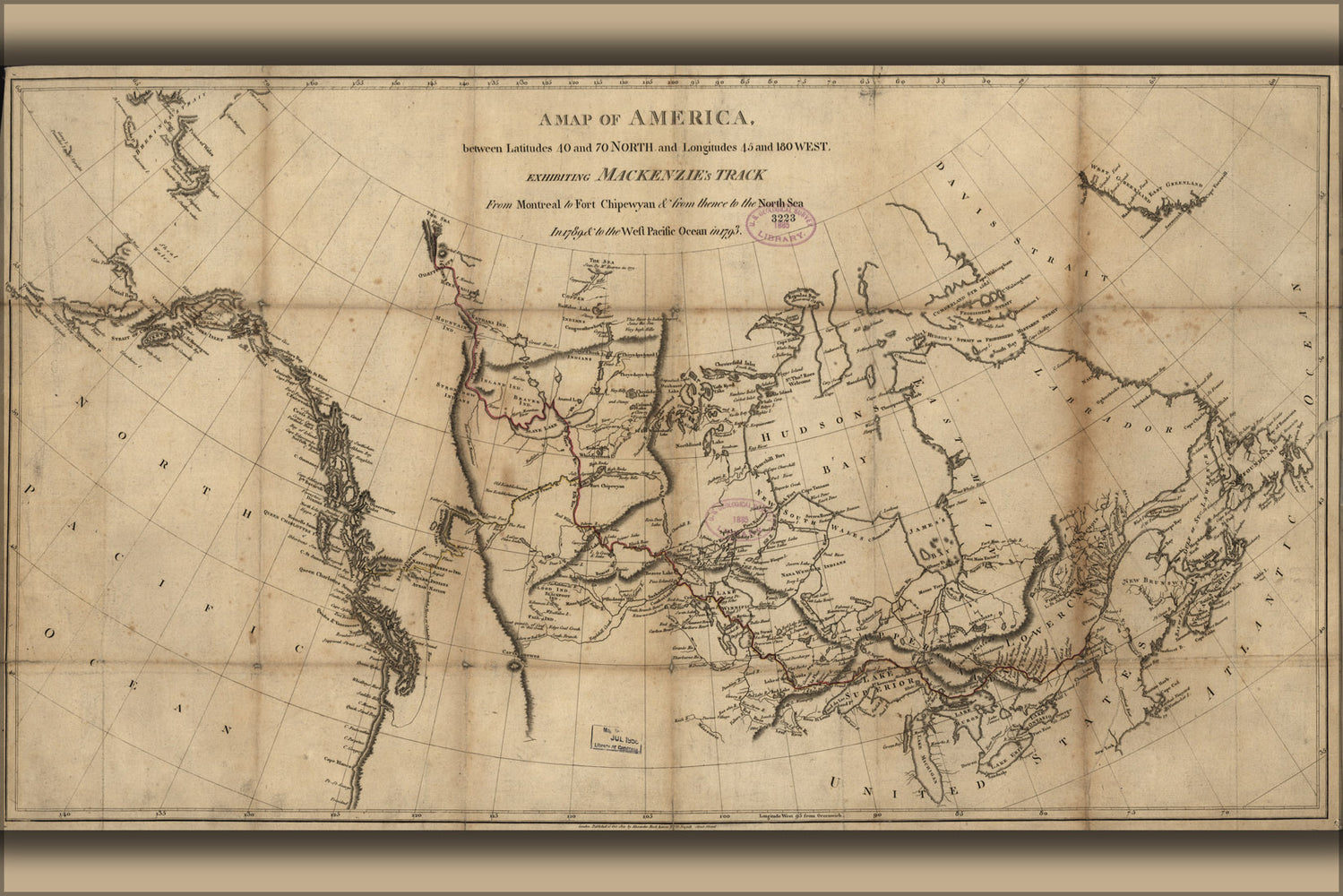 24"x36" Gallery Poster, map Alexander Mackenzie route north america 1801