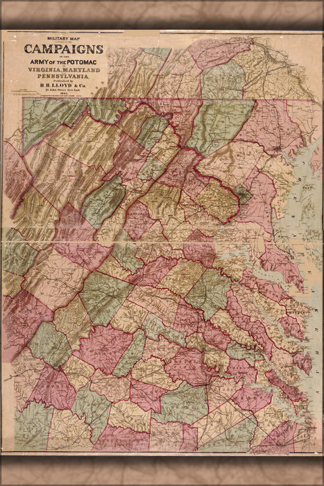 24"x36" Gallery Poster, map Army of Potomac in Virginia Maryland Pa 1865
