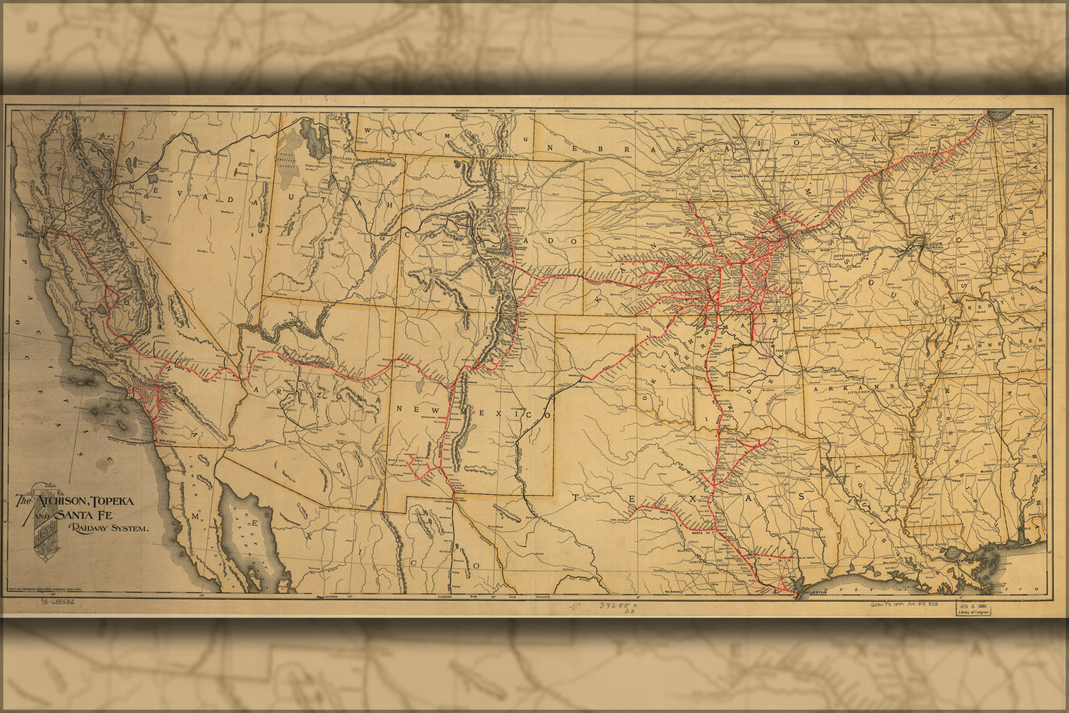 24"x36" Gallery Poster, map Atchison Topeka & Santa Fe railroad 1899 P10
