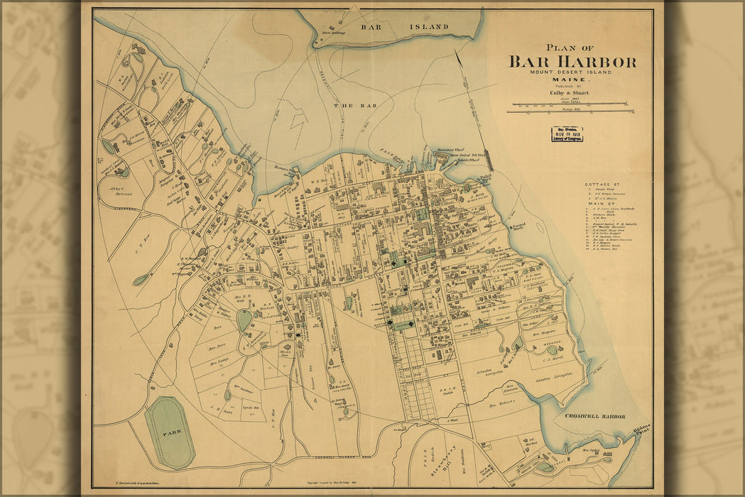24"x36" Gallery Poster, map Bar Harbor Mount Desert Island, Maine 1887