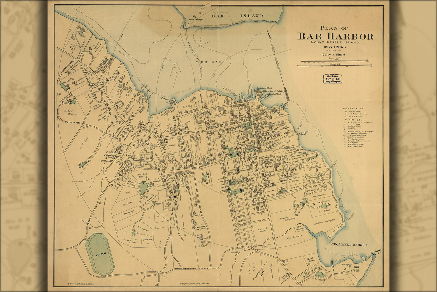 24"x36" Gallery Poster, map Bar Harbor Mount Desert Island, Maine 1887
