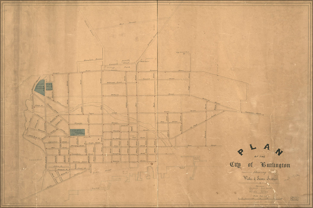 24"x36" Gallery Poster, map Burlington vermont water sewer service 1850