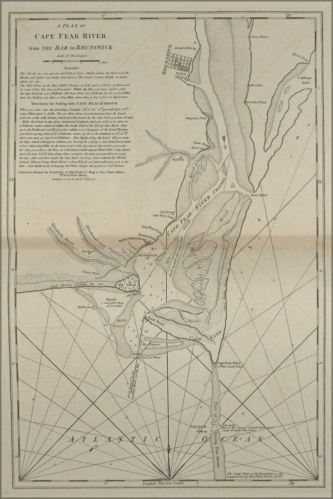 24"x36" Gallery Poster, map Cape Fear river from bar to Brunswick 1777