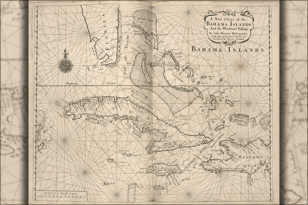 24"x36" Gallery Poster, map Chart of the Bahamas 1700