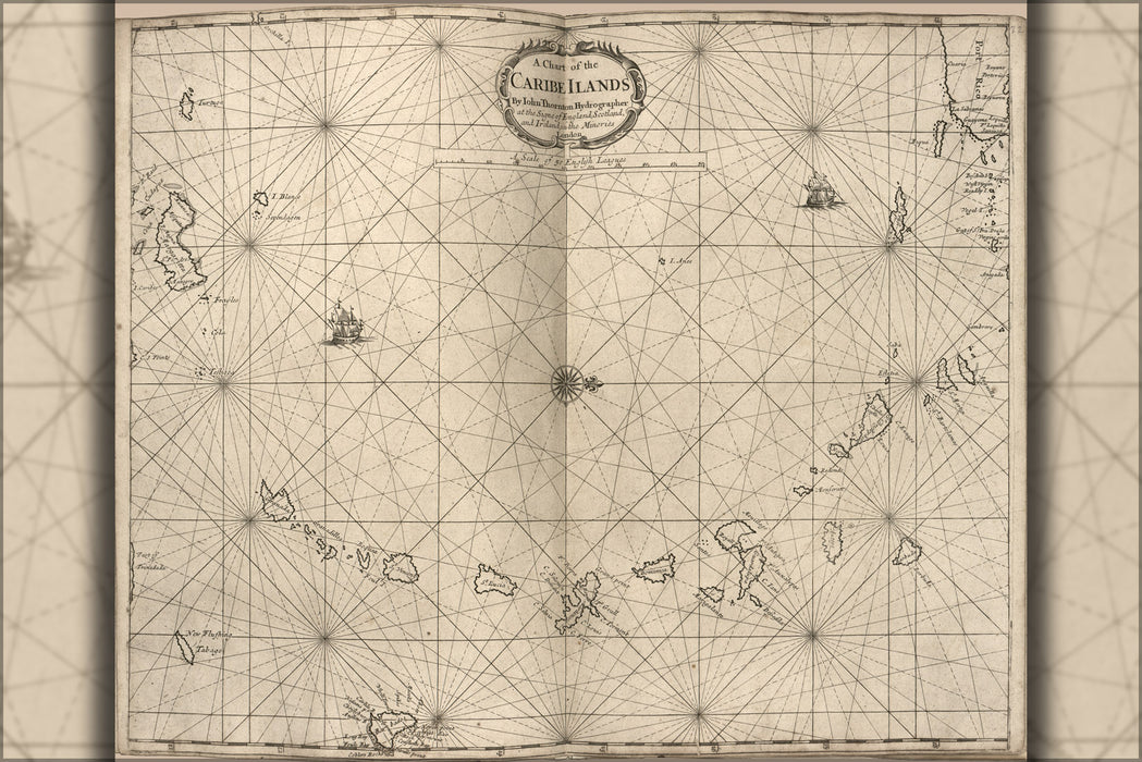 24"x36" Gallery Poster, map Chart of the Caribbean Islands 1700