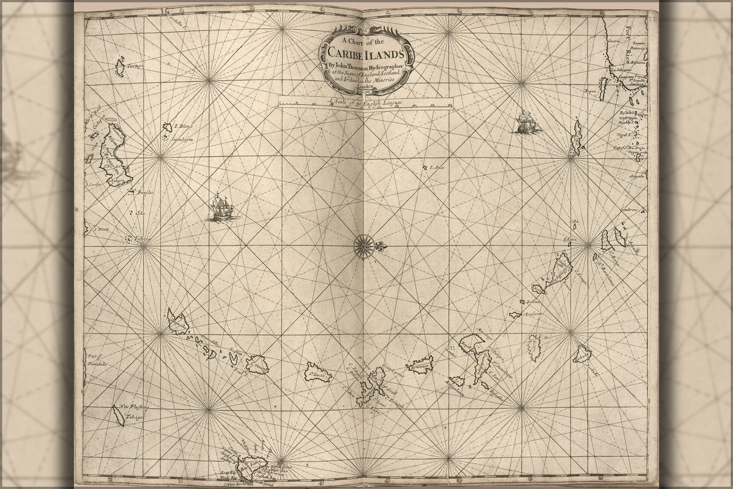 24"x36" Gallery Poster, map Chart of the Caribbean Islands 1700