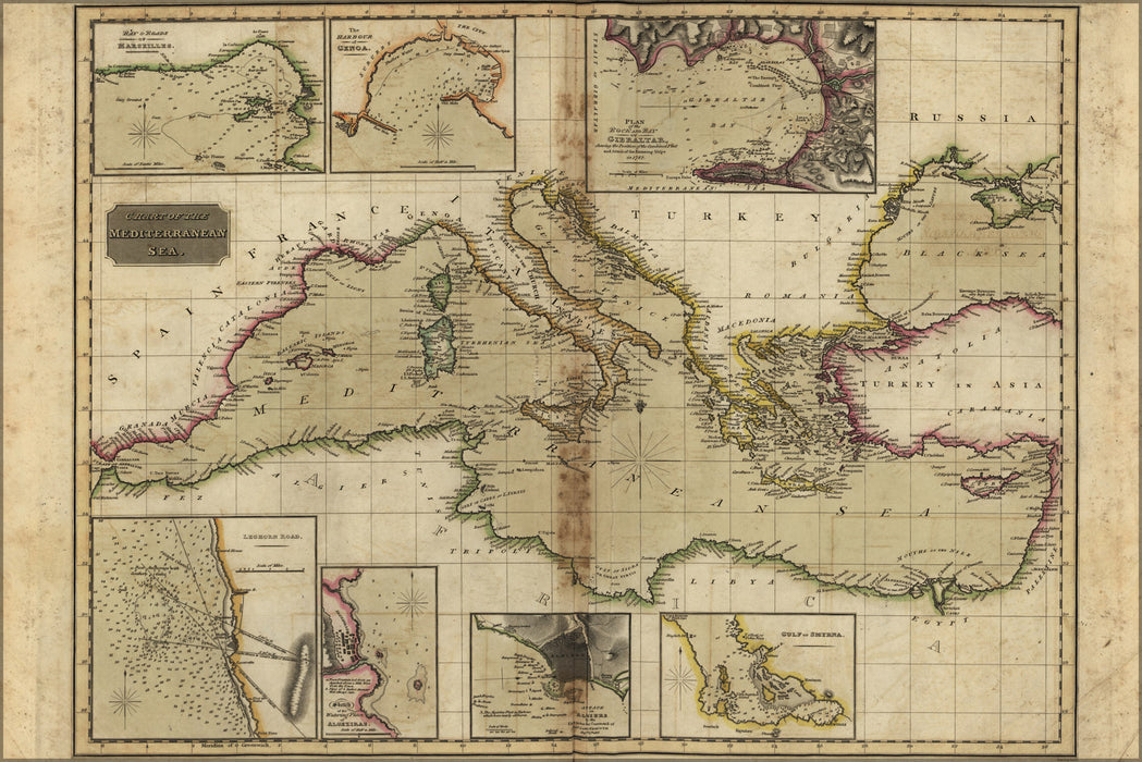24"x36" Gallery Poster, map Chart of the Mediterranean Sea 1817