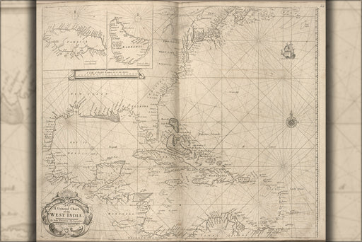 24"x36" Gallery Poster, map Chart of the West Indies cuba florida 1700
