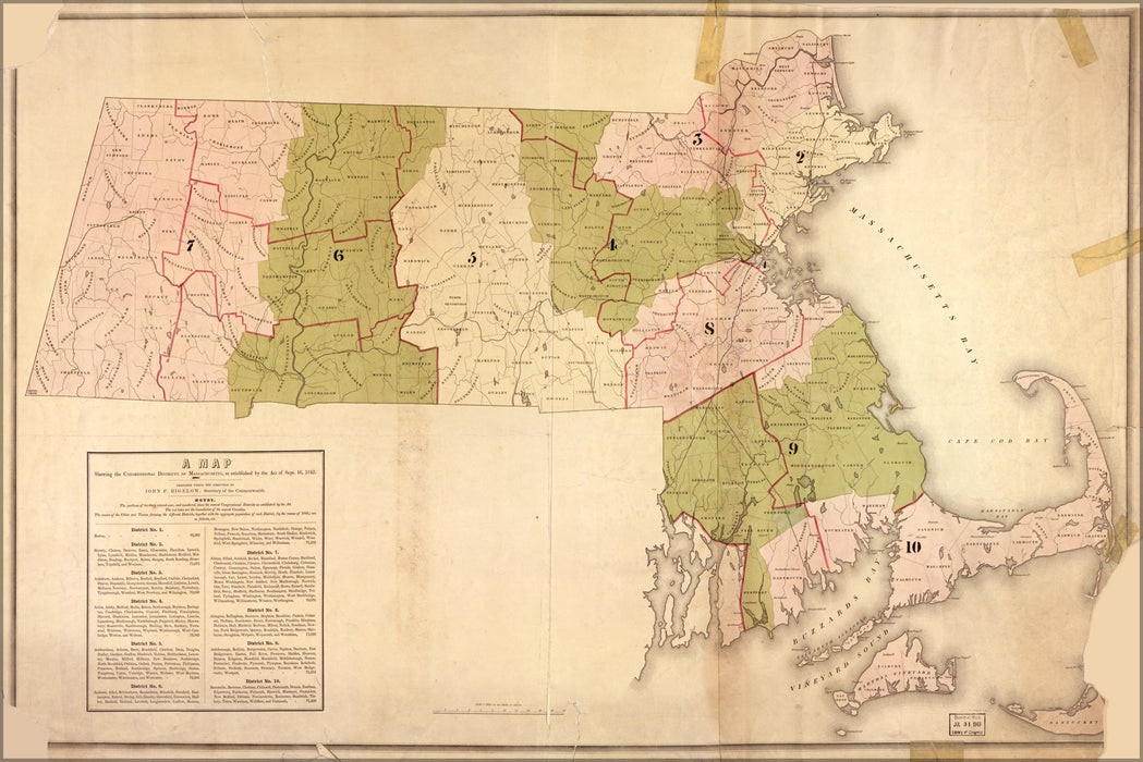24"x36" Gallery Poster, map Congressional districts Massachusetts 1842