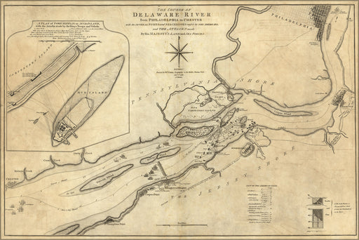 24"x36" Gallery Poster, map Delaware River; Philadelphia to Chester 1777