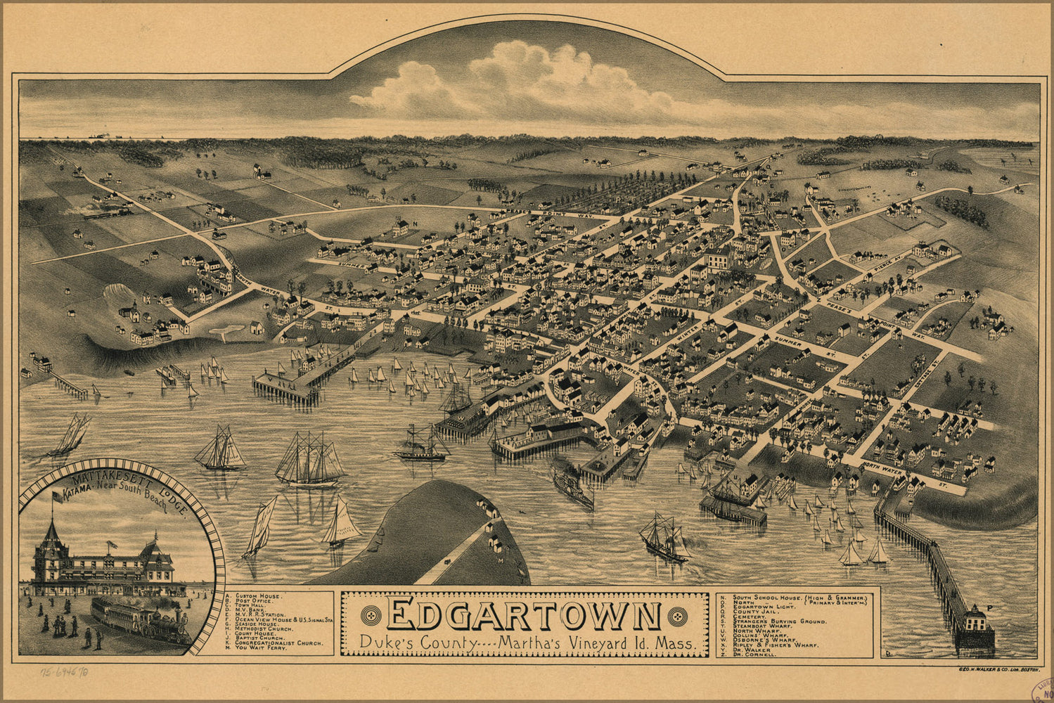 24"x36" Gallery Poster, map Edgartown Marthas Vineyard Massachusetts 1886