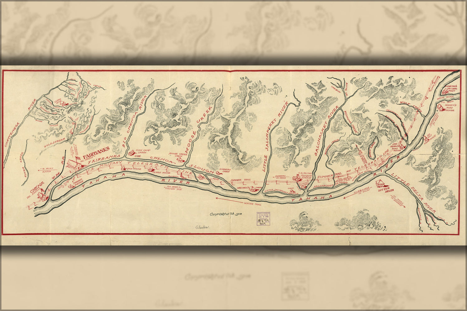 24"x36" Gallery Poster, map Fairbanks Alaska military telegraph line 1906