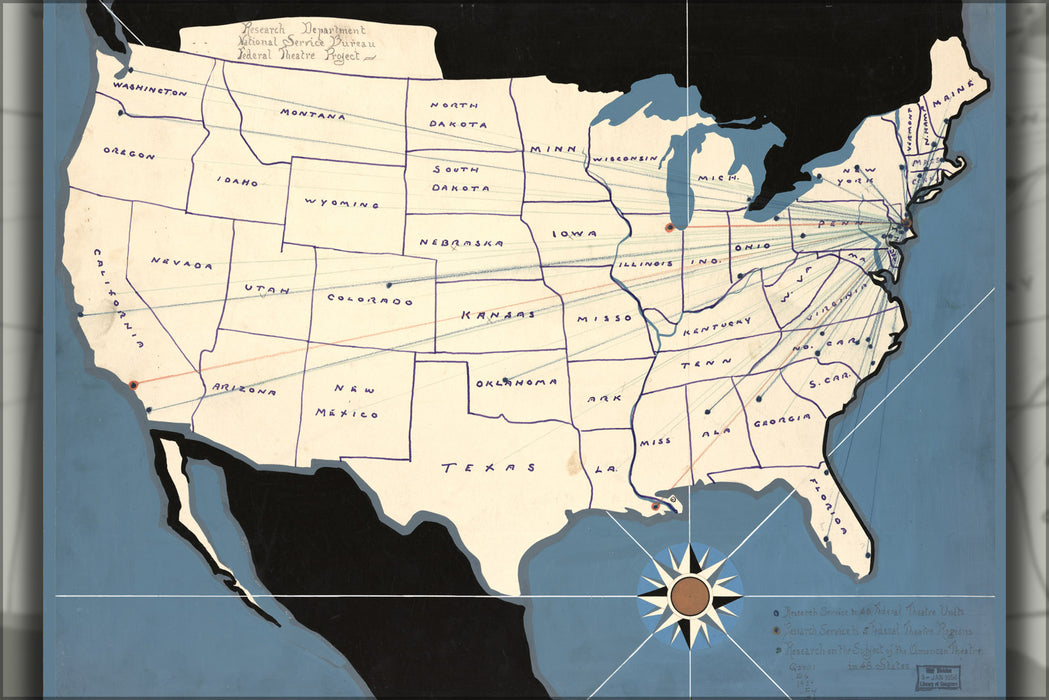 24"x36" Gallery Poster, map Federal Theatre Project united states 1930 p2
