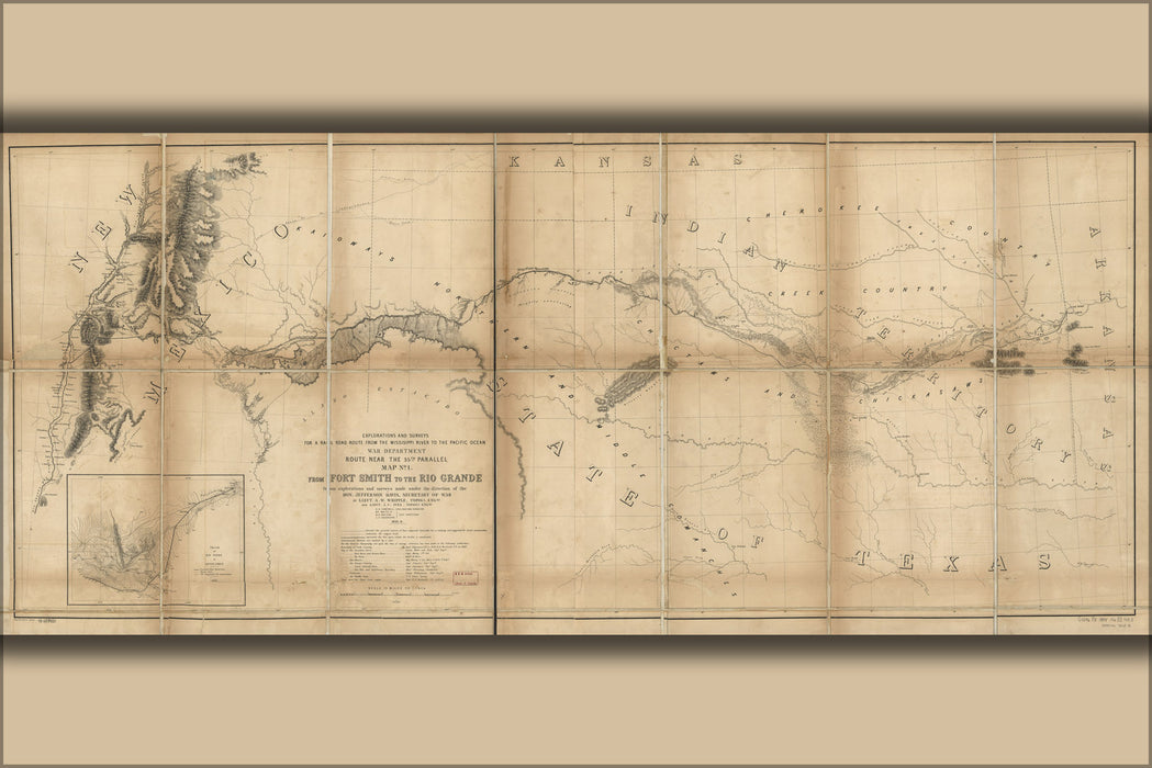 24"x36" Gallery Poster, map Fort Smith to Rio Grande railroad route 1859