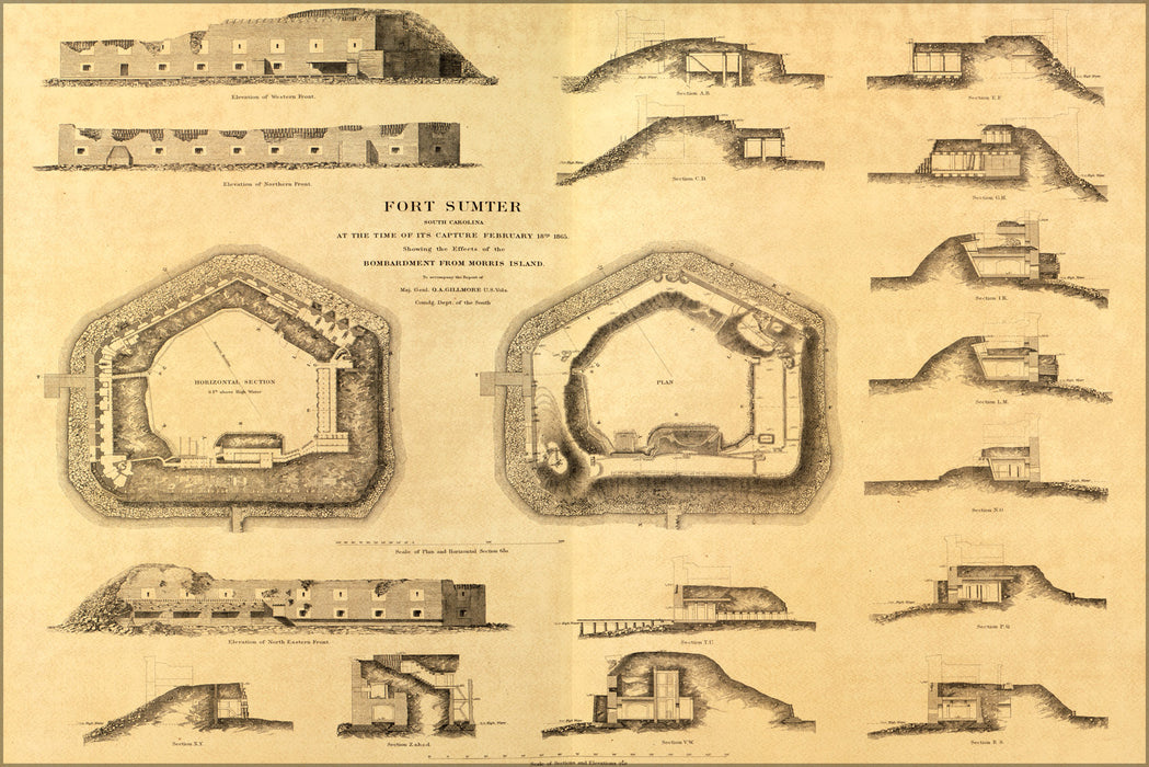 24"x36" Gallery Poster, map Fort Sumter South Carolina Morris Island 1865