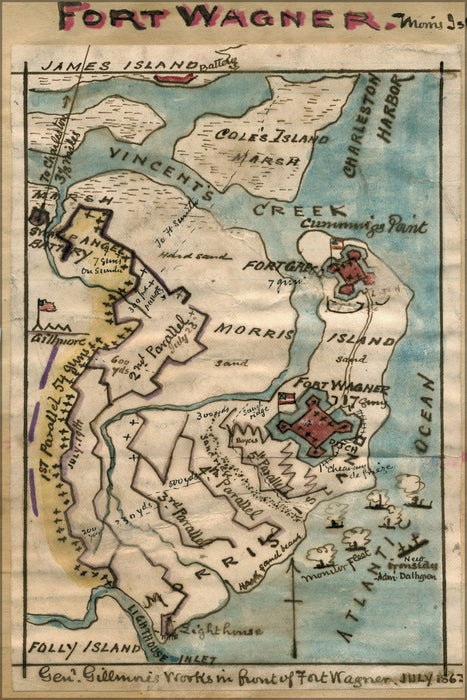 24"x36" Gallery Poster, map Fort Wagner Charleston Harbor 1865