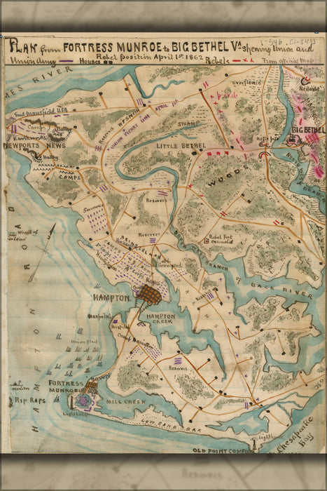 24"x36" Gallery Poster, map Fortress Monroe to Big Bethel Virginia 1862