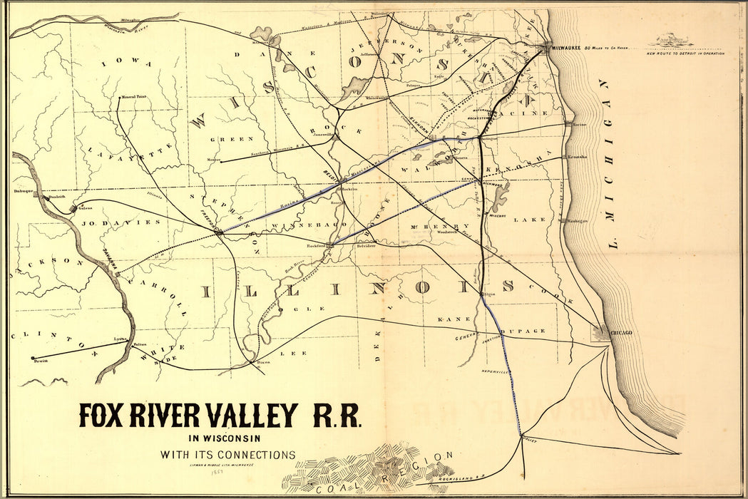 24"x36" Gallery Poster, map Fox River Valley railroad Wisconsin 1857