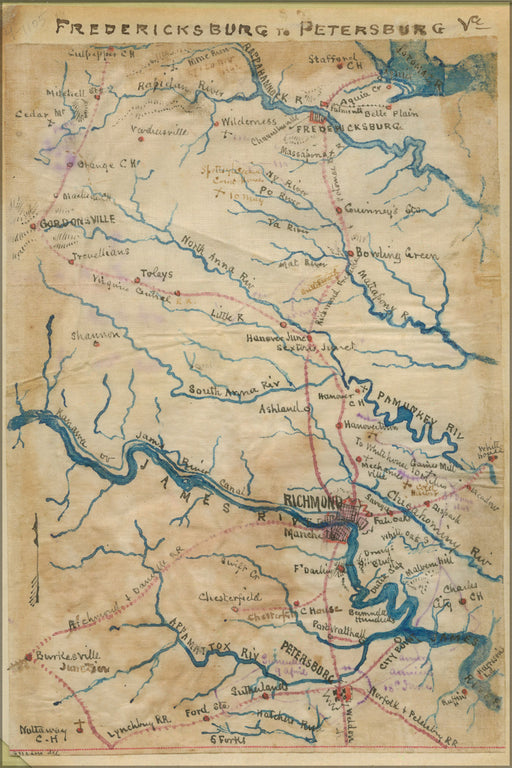 24"x36" Gallery Poster, map Fredericksburg to Petersburg virginia 1861