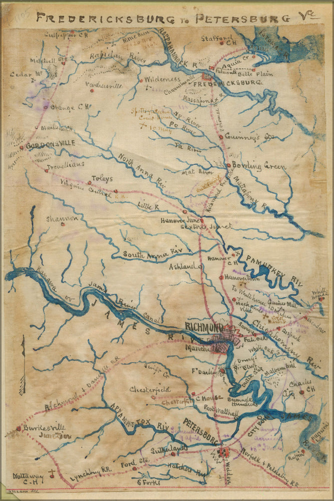 24"x36" Gallery Poster, map Fredericksburg to Petersburg virginia 1861
