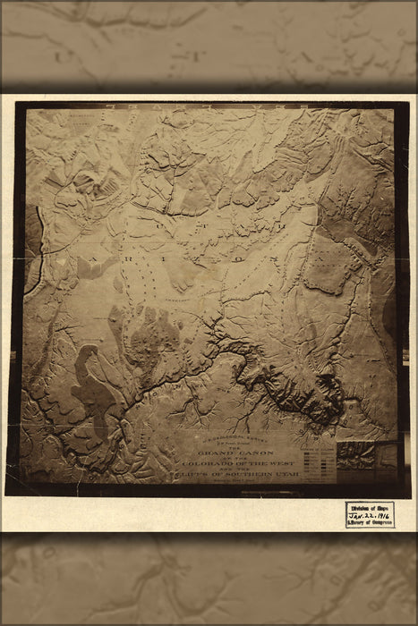 24"x36" Gallery Poster, map Grand Canyon Colorado river south Utah 1910