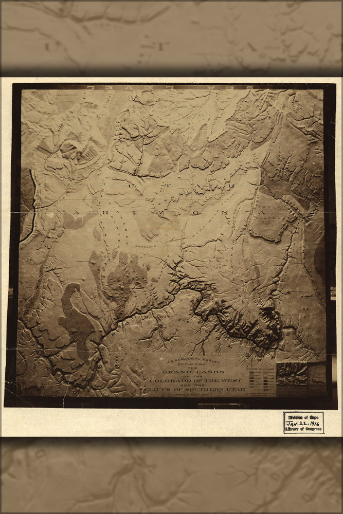 24"x36" Gallery Poster, map Grand Canyon Colorado river south Utah 1910