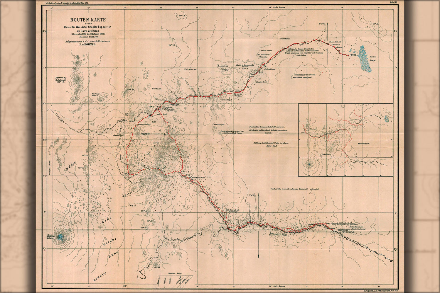 24"x36" Gallery Poster, map Hohnel & astor Chanler in East Africa 1892-93 in german