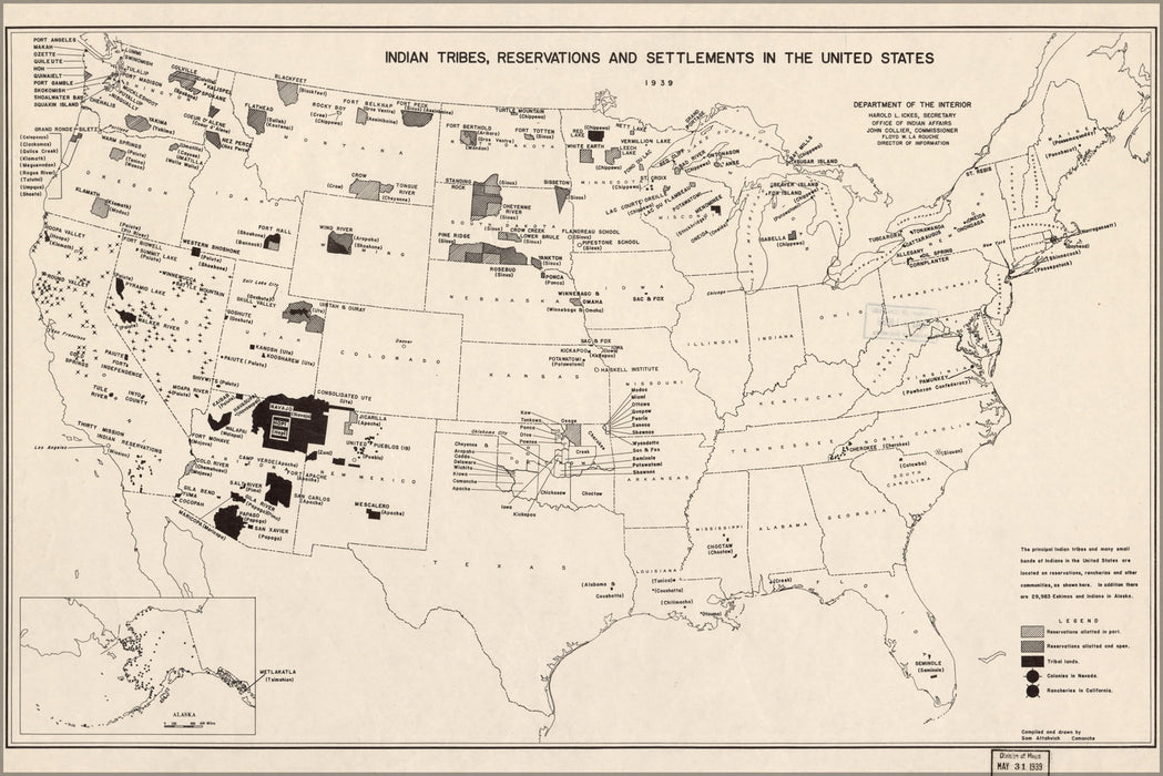 24"x36" Gallery Poster, map Indian tribes reservations United States 1939