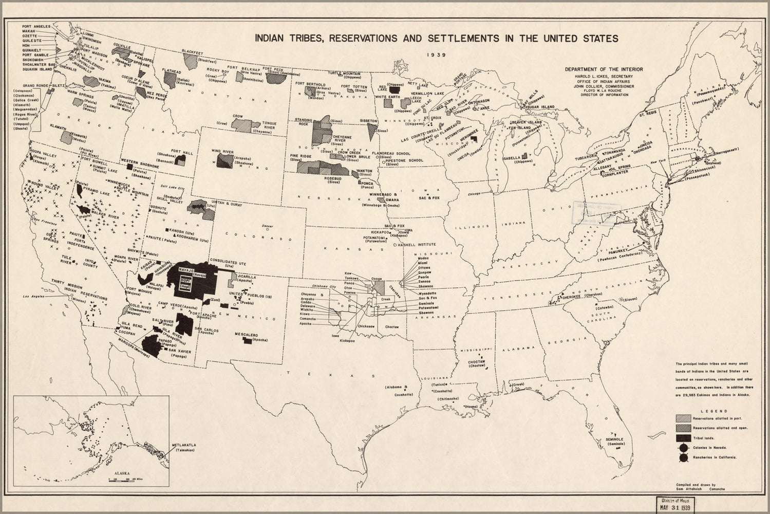 24"x36" Gallery Poster, map Indian tribes reservations United States 1939
