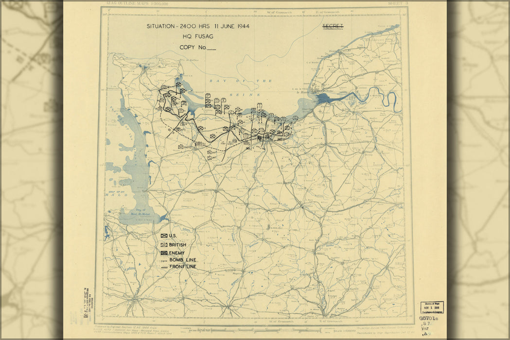 24"x36" Gallery Poster, map June 11, 1944 normandy invasion