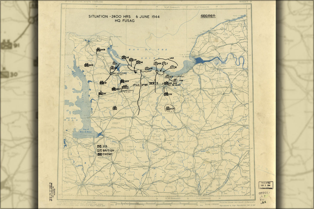 24"x36" Gallery Poster, map June 6, 1944 normandy invasion d-day