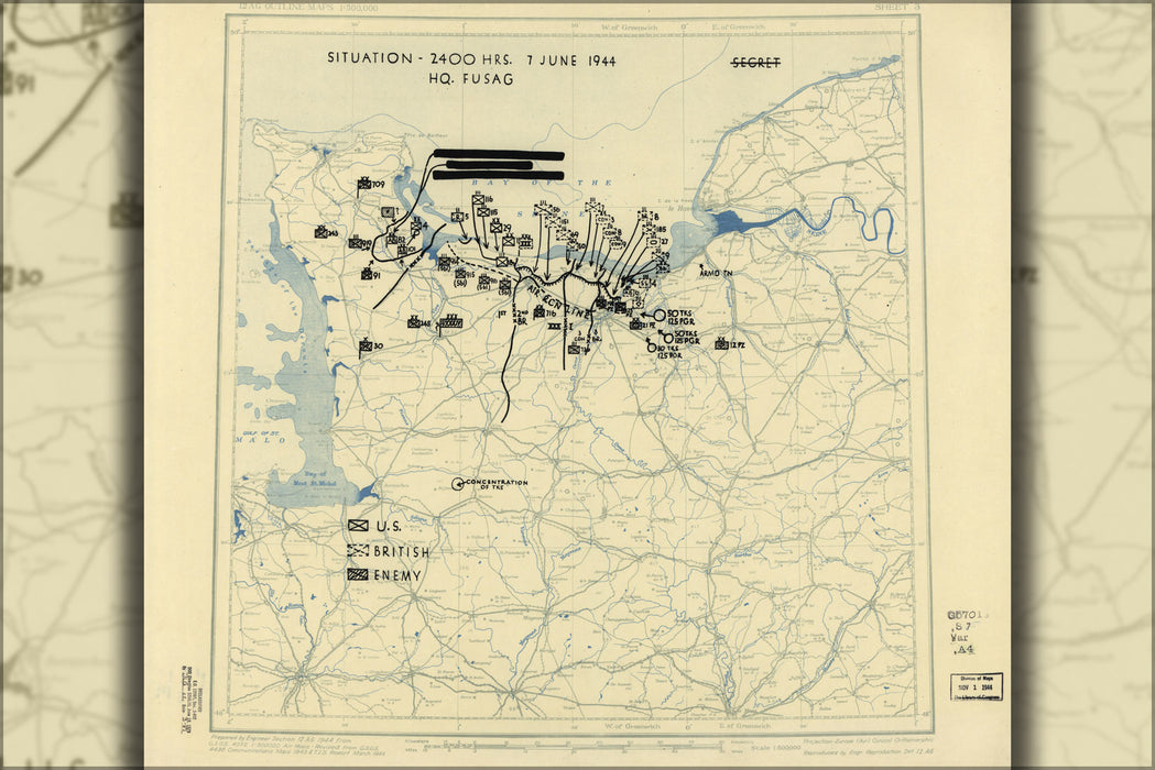 24"x36" Gallery Poster, map June 7, 1944 normandy invasion